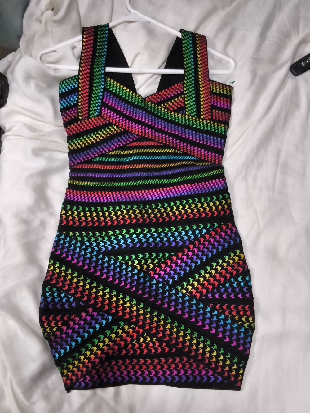 Rainbow Chevron Geometric Bodycon Mini Dress Black Multicolor Y2K Party Large